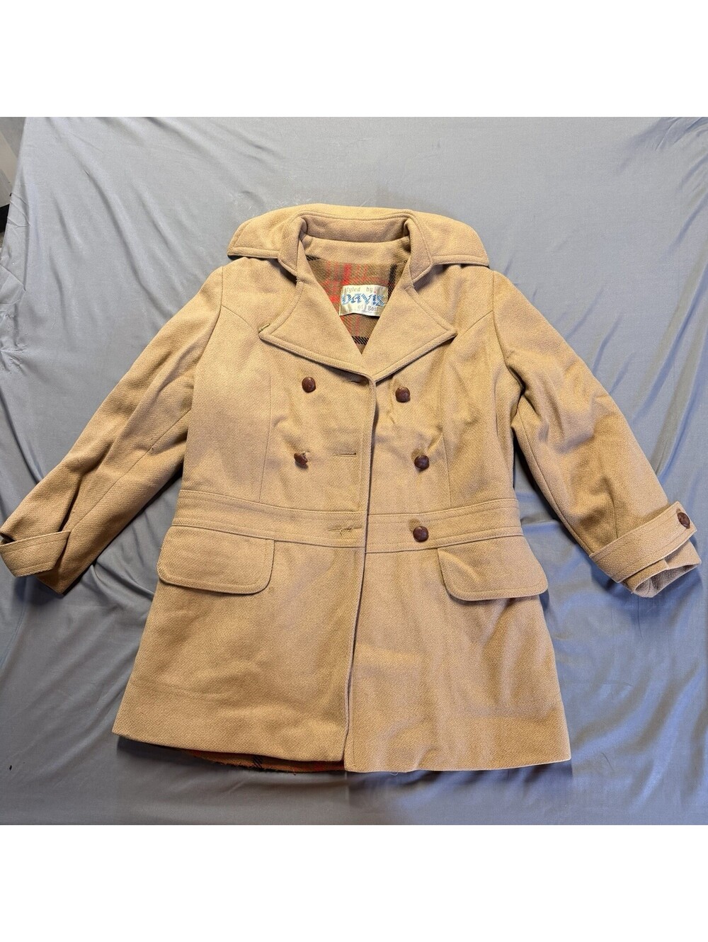 VTG 60s 70s Davis of Boston Double Breasted Wool Pea Coat Camel Plaid Lined⁠